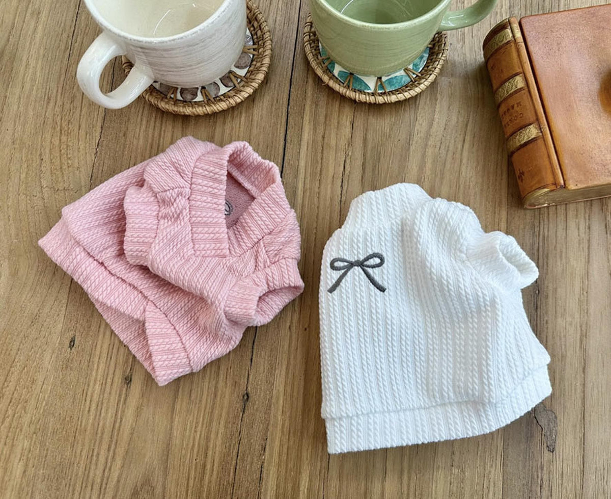 NKpup Eyelet Crop Tops for dogs in pink and white with a bow detail