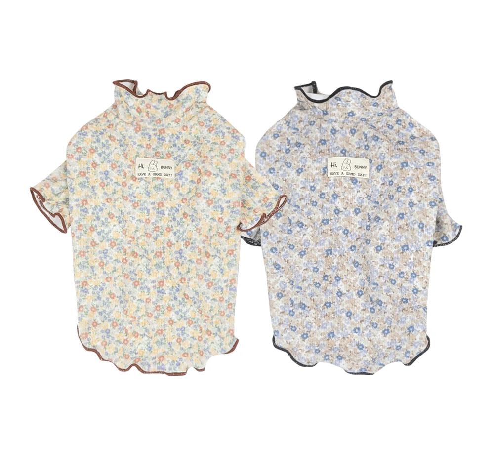 Blossom Ruffle Dog Shirt in cream floral and blue floral patterns by NKpup