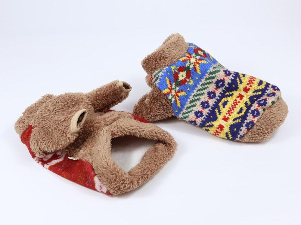 Nordic fleece dog sweatshirt in blue and red patterned knit with tan faux fur trim by NKpup