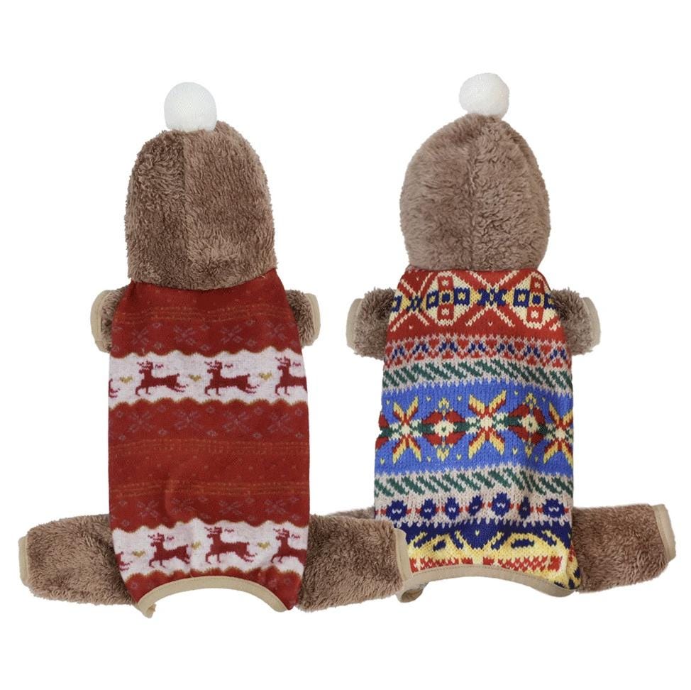 Nordic Bear Dog Overalls in red reindeer pattern and blue geometric pattern.