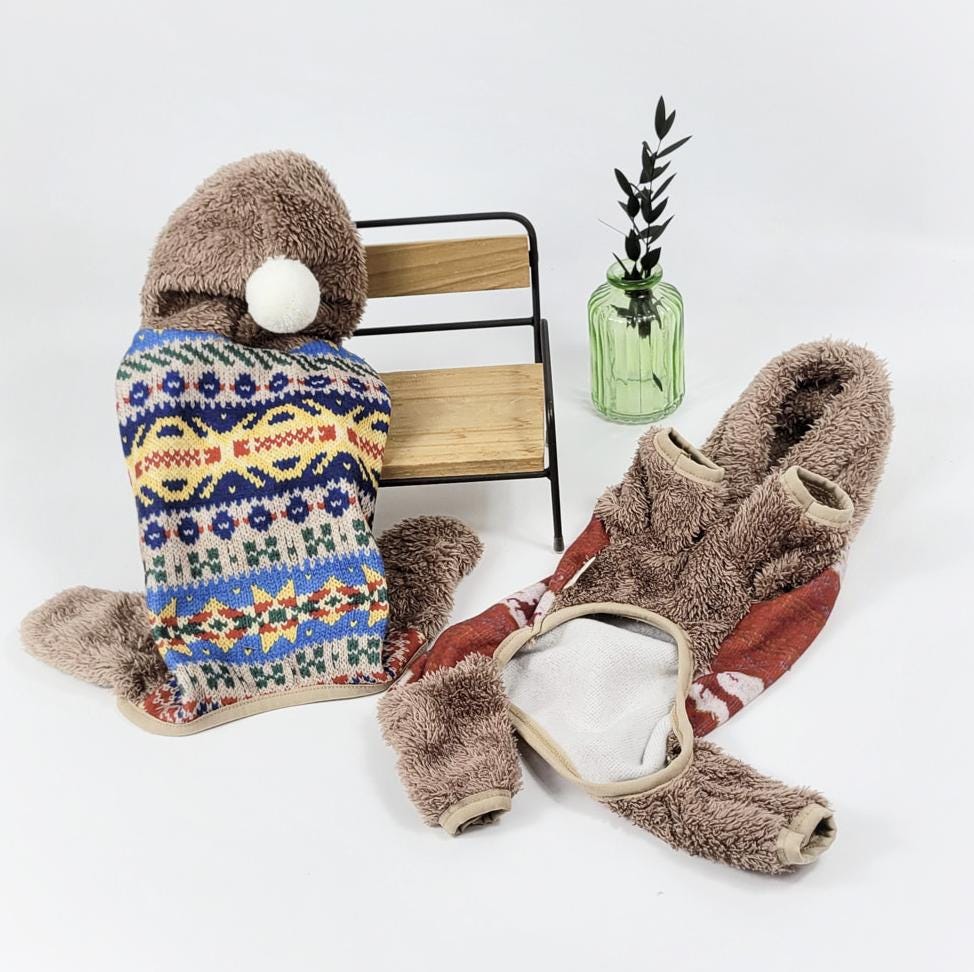 NKpup Nordic Bear Dog Overall with a colorful Nordic pattern and brown plush bear hood