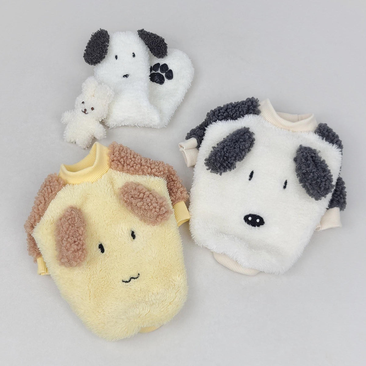 NKpup Fluffy Ear Dog Sweatshirts in white with black spots and yellow with brown spots