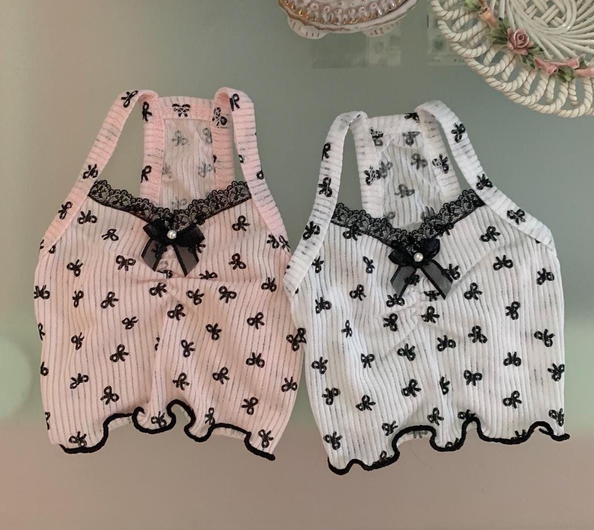 NKpup Bow Crop Top dog shirts in pink and white with black lace trim and bow details