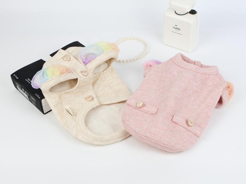 NKpup Rainbow Puff Dog Cardigan in cream with rainbow accents and pink knit dog sweater