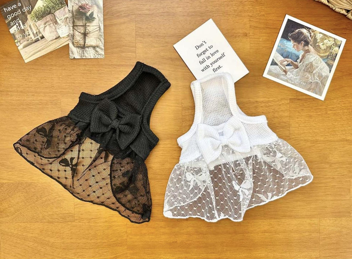 Midnight Tulle Bow Dress in black and white with polka dot tulle skirts and bow accents.