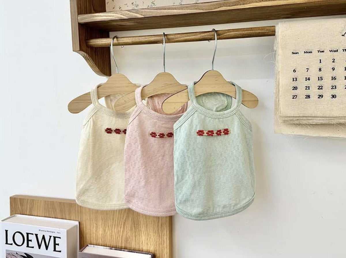 NKpup Eyelet Floral Tank Tops for dogs in cream, pink, and mint green.