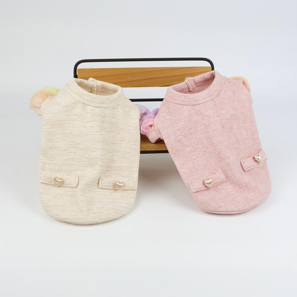 Rainbow Puff Dog Cardigan in cream and pink with heart button pocket details