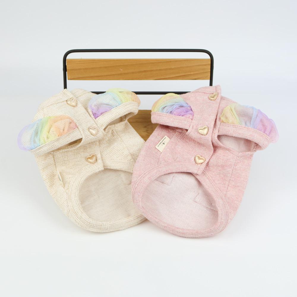 NKpup Rainbow Puff dog cardigans in cream and pink with colorful pastel tulle accents.