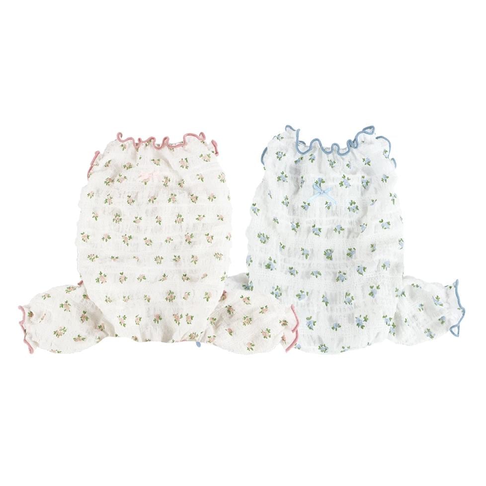 NKpup Peony Floral dog overalls in pink and blue with ruffled edges and flower patterns.
