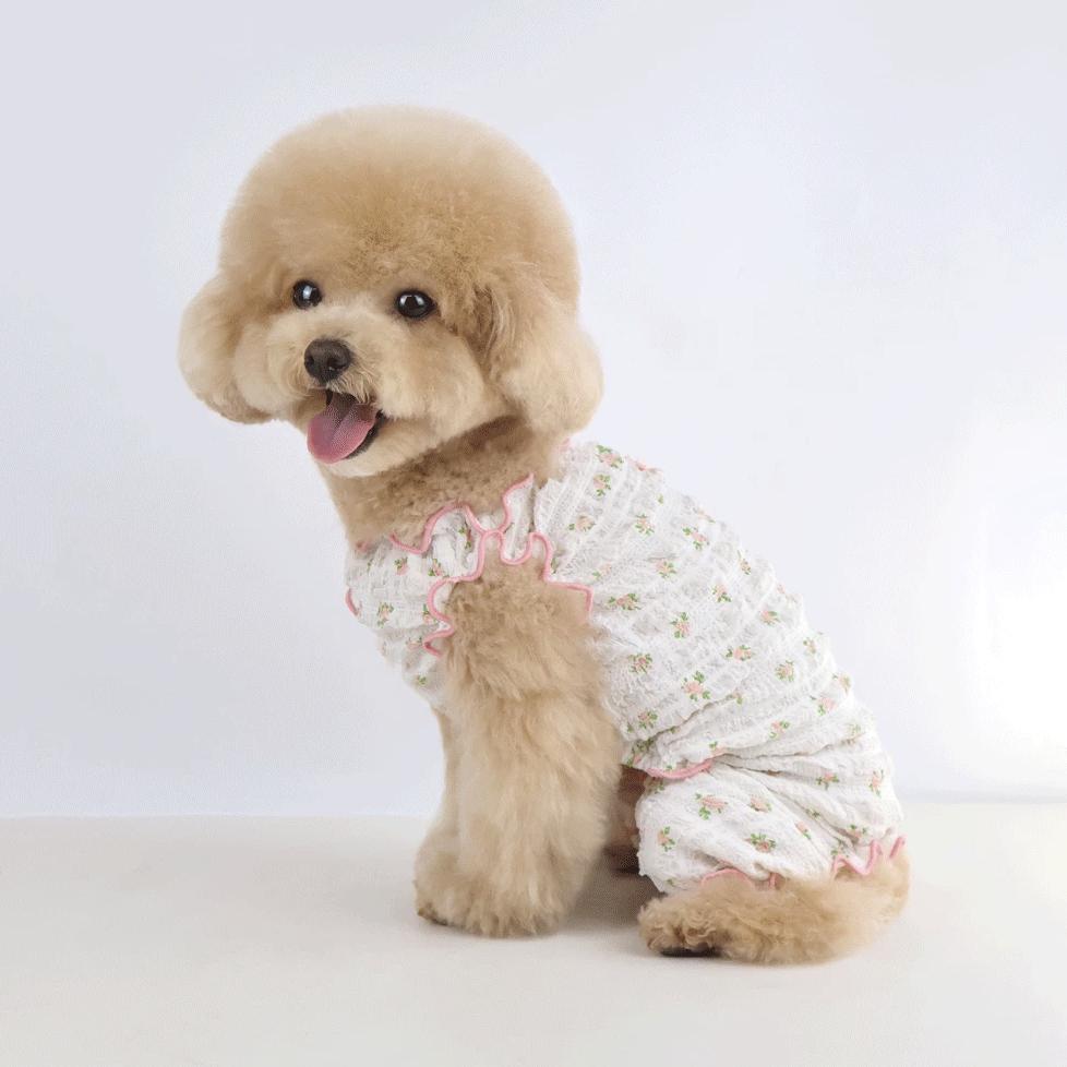 White peony floral dog overall with pink ruffle trim