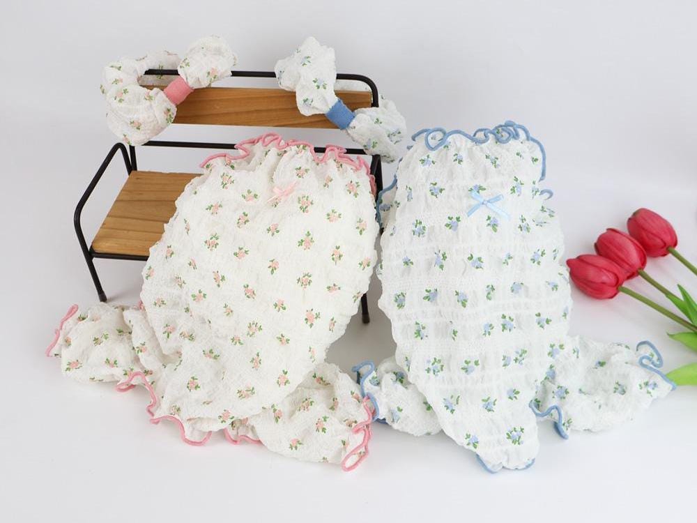 NKpup Peony Floral Dog Overall and Headband Set in white with pink and blue floral patterns