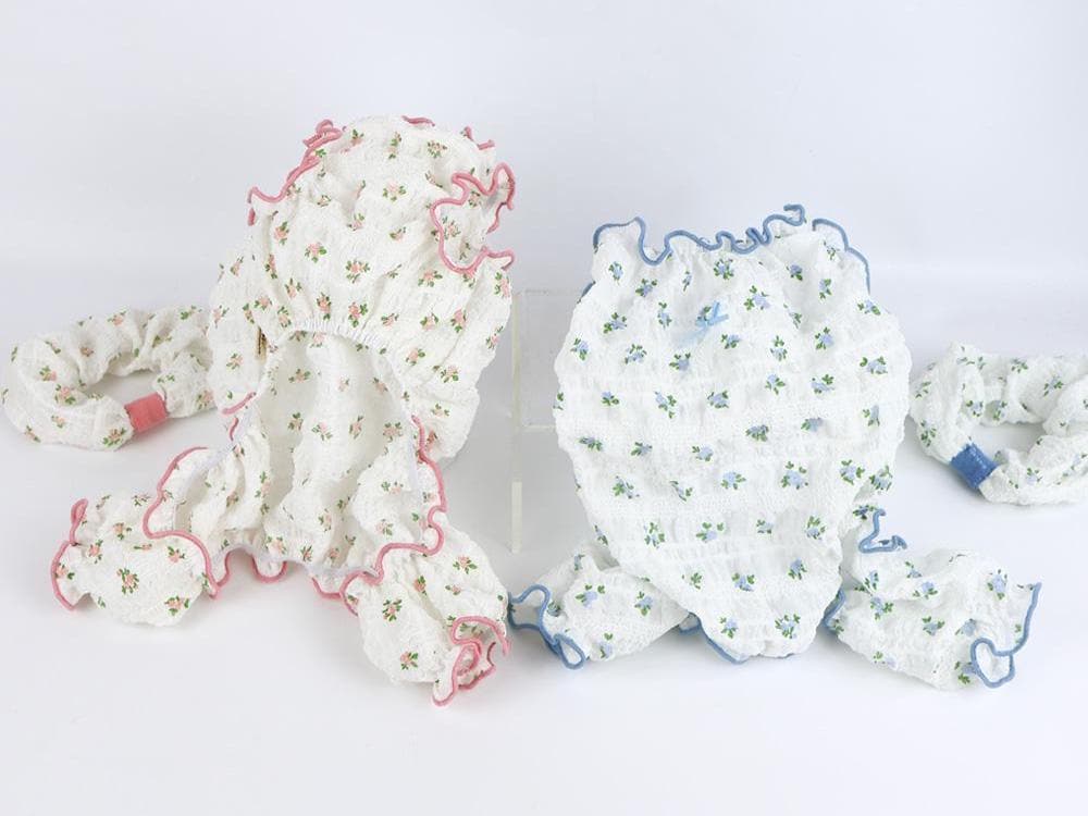 NKpup Peony Floral Dog Overall and Headband Set in pink and blue floral patterns