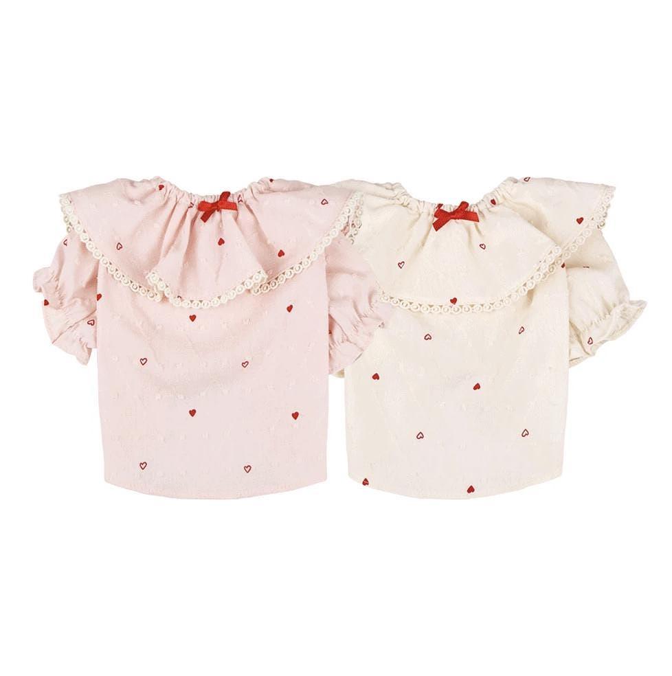 NKpup Heart Dot Lace Collar Dog Blouses in pink and cream with red bow accents