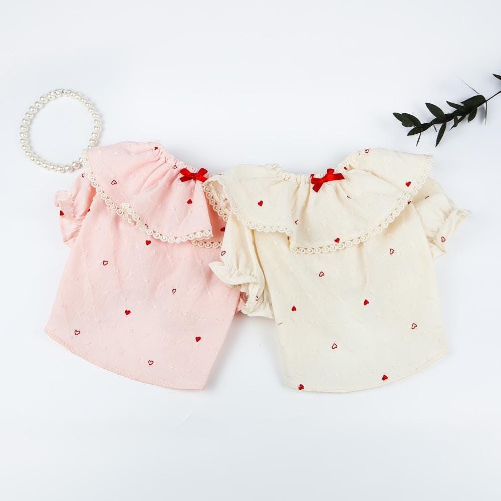 NKpup Heart Dot Lace Collar Dog Blouses in pink and cream with red bow accents