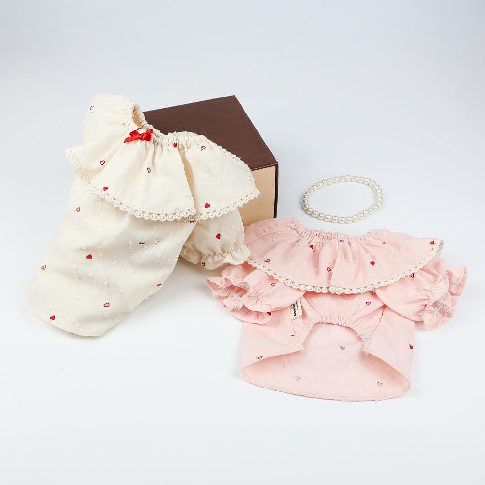 NKpup Heart Dot Lace Collar Dog Blouses in ivory and pink with pearl trim