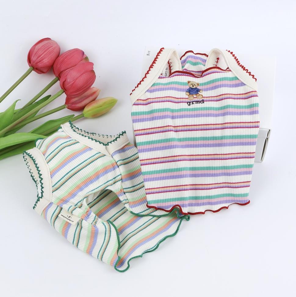 Teddy Stripe Ribbed Top for pets featuring multi-colored horizontal stripes and a teddy bear embroidery.