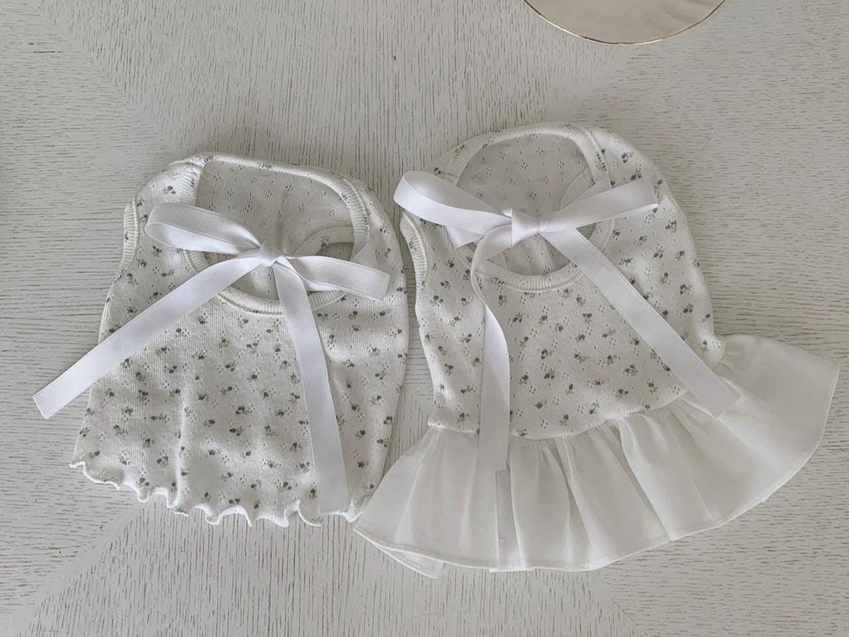 NKpup Tiny Flower Ribbon Shirt and Dress set in white with delicate floral pattern