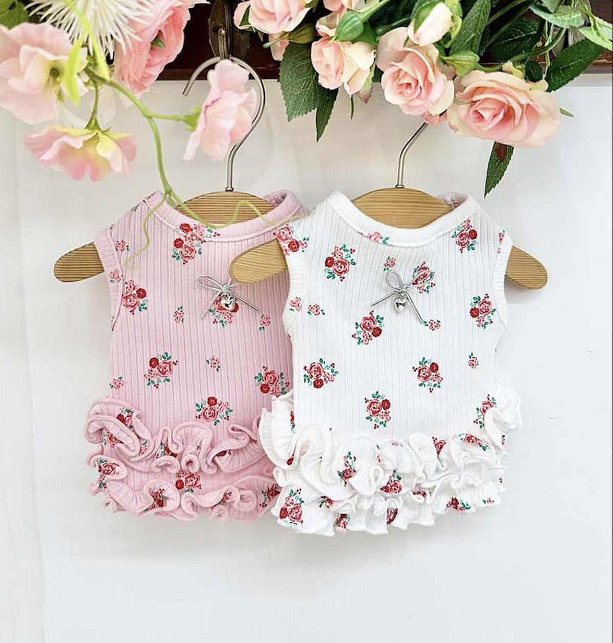 NKpup Rosy Ruffle Tank Tops for dogs in pink and white with red floral patterns and ruffle hems