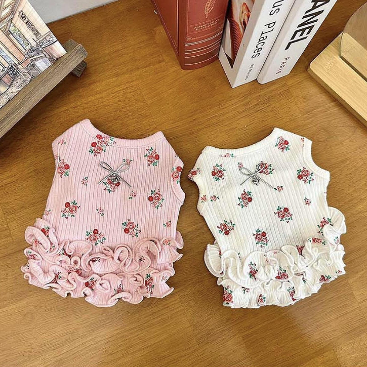 NKpup Rosy Ruffle Tank Tops for dogs in pink and white with red rose patterns and bow accents.