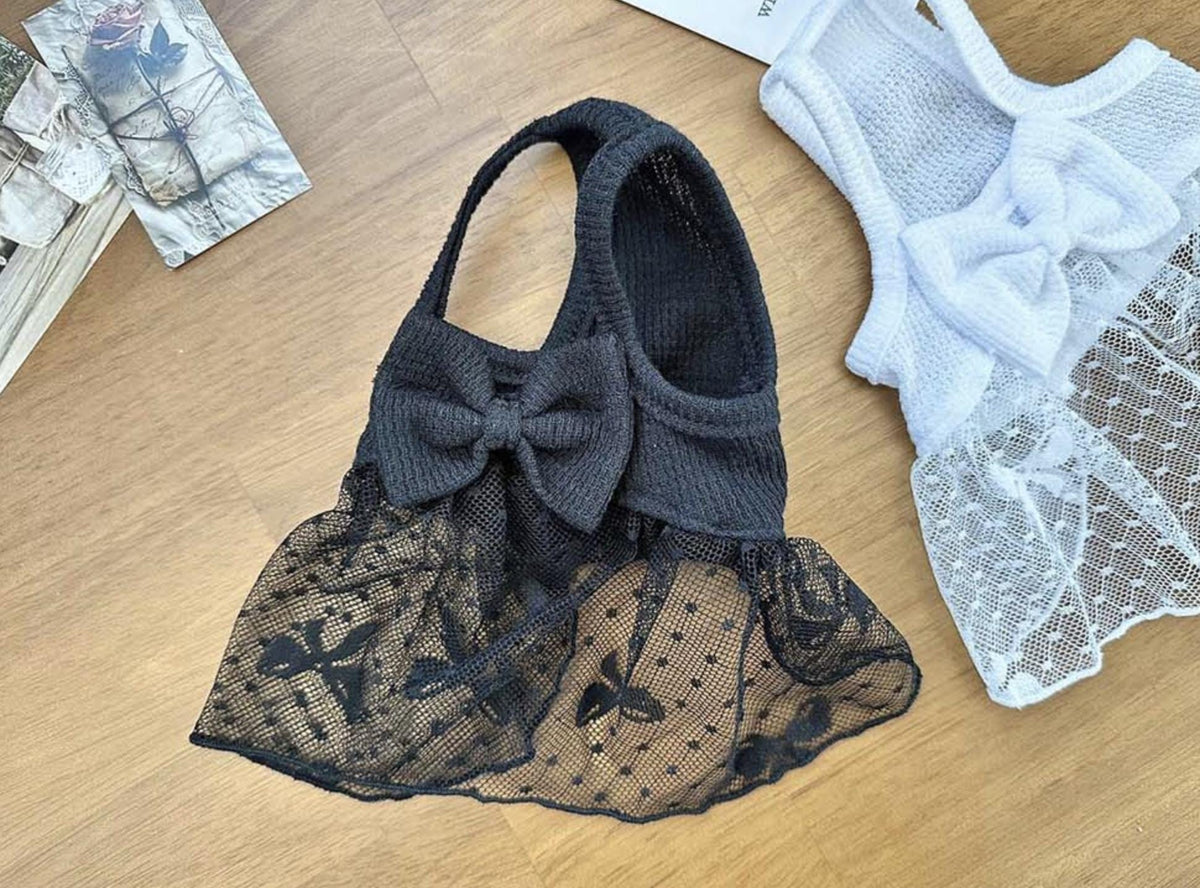 NKpup Midnight Tulle Bow Dress for dogs in black and white featuring a bow and sheer tulle skirt