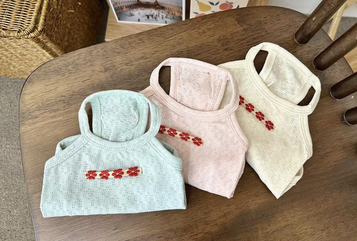NKpup Eyelet Floral Tank Tops for dogs in mint, pink, and cream colors.