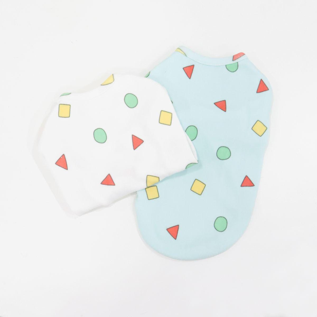 Geo Shapes T-shirt for dogs in white and light blue with colorful geometric patterns.