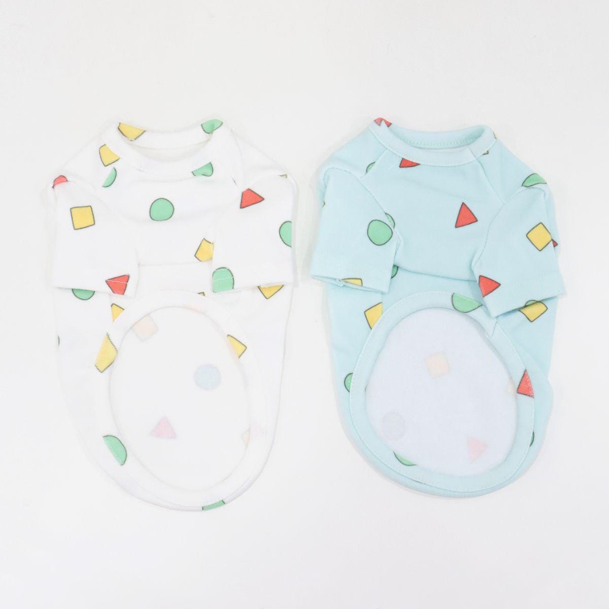 NKpup Geo Shapes T-shirt dog shirts in white and light blue with colorful geometric patterns