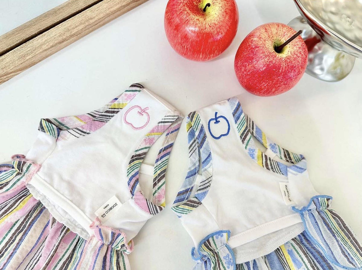 NKpup Striped Bear Dress in pink and blue striped patterns with apple embroidery details.