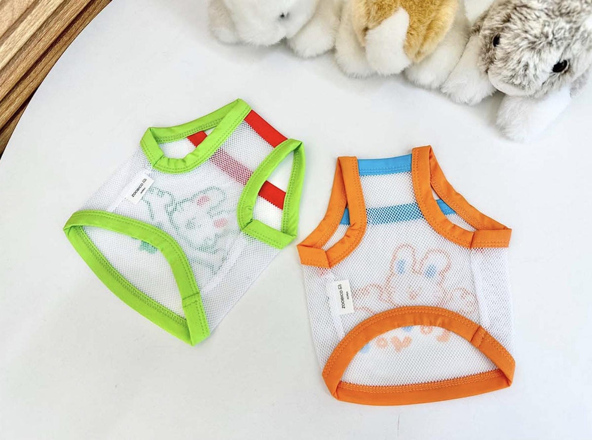 NKpup Bunny Mesh Tank Tops in lime green and orange with cute bunny prints.