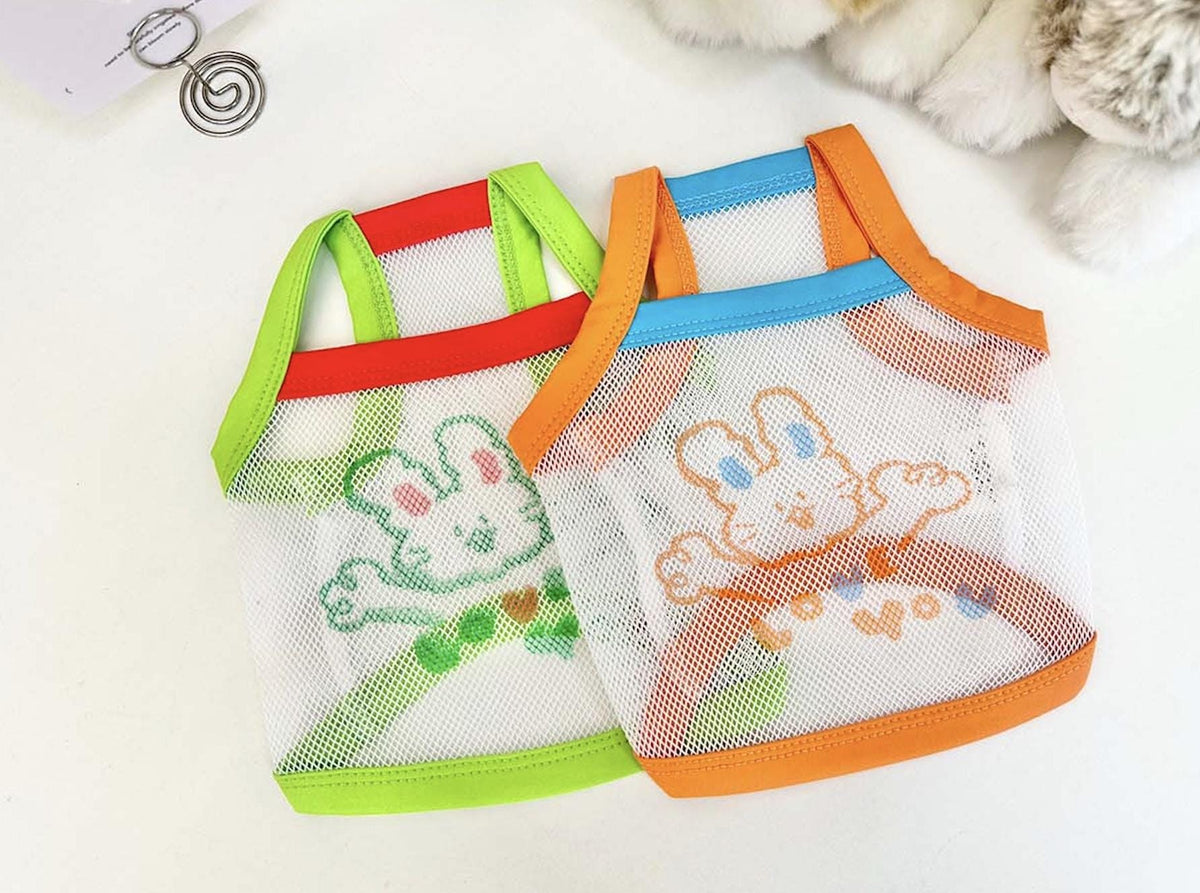 NKpup Bunny Mesh Tank Top for dogs in lime green and orange colors featuring cute bunny patterns.