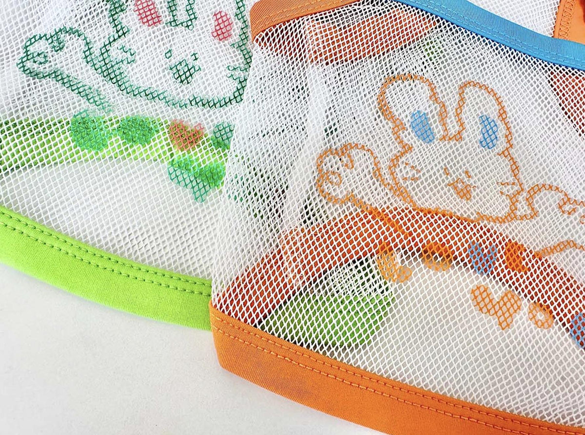 Close-up of NKpup Bunny Mesh Tank Top featuring orange and green mesh fabric with cute bunny embroidery.