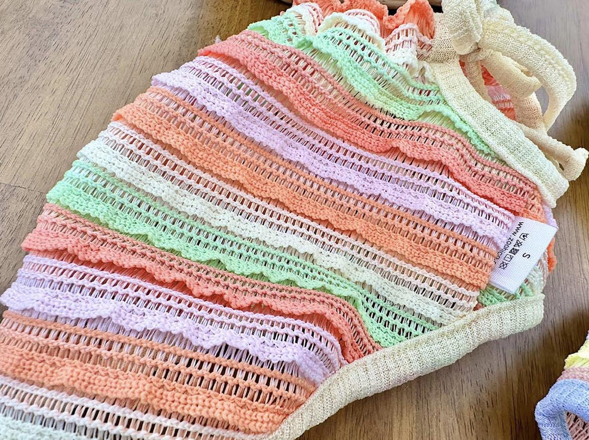 NKpup Pastel Rainbow Dog Cami Top with crochet lace ruffles in soft pink, purple, and mint green.