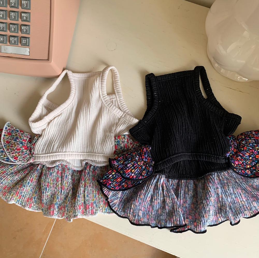 NKpup Tutu Tiered Skirt Dresses for dogs in white and black with multicolored floral pleated skirts