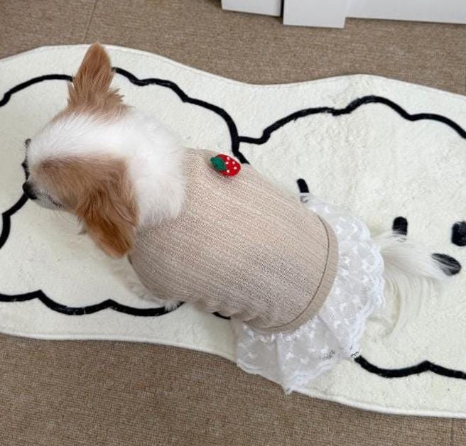 Beige strawberry crop dog cardigan with white lace trim