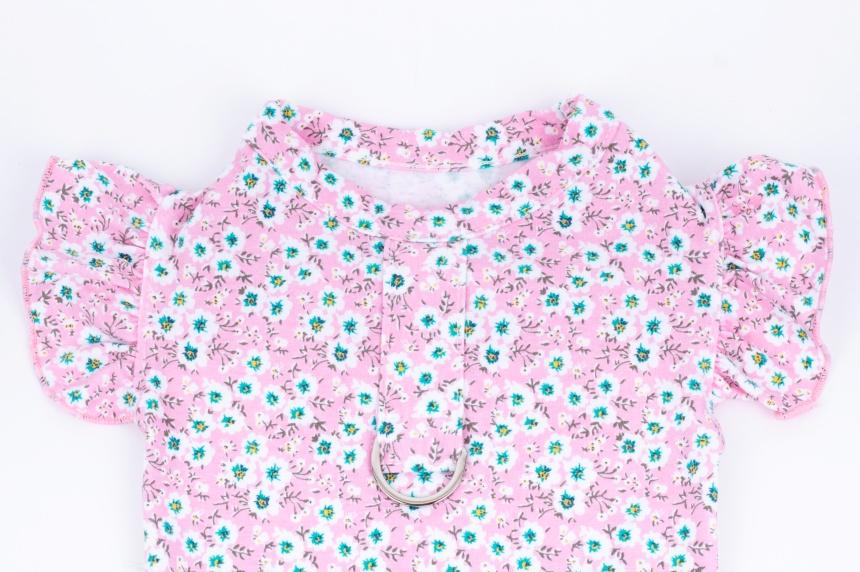 NKpup pink floral dog shirt with ruffle sleeves and a metal D-ring