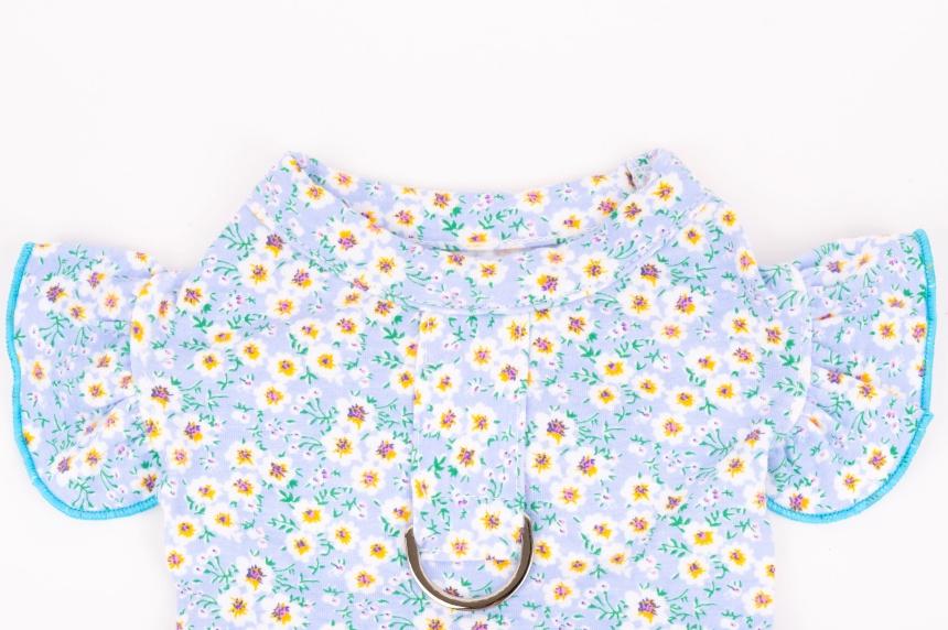 NKpup Floral D-Ring Dog Crop Shirt in light blue with white and yellow flower pattern