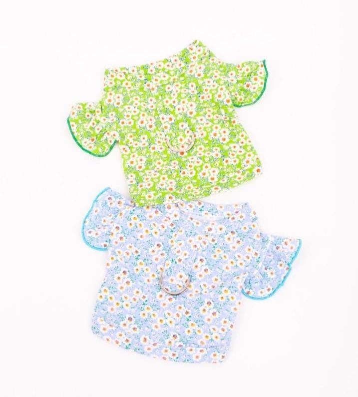 NKpup floral D-ring dog crop shirts in lime green and light blue patterns