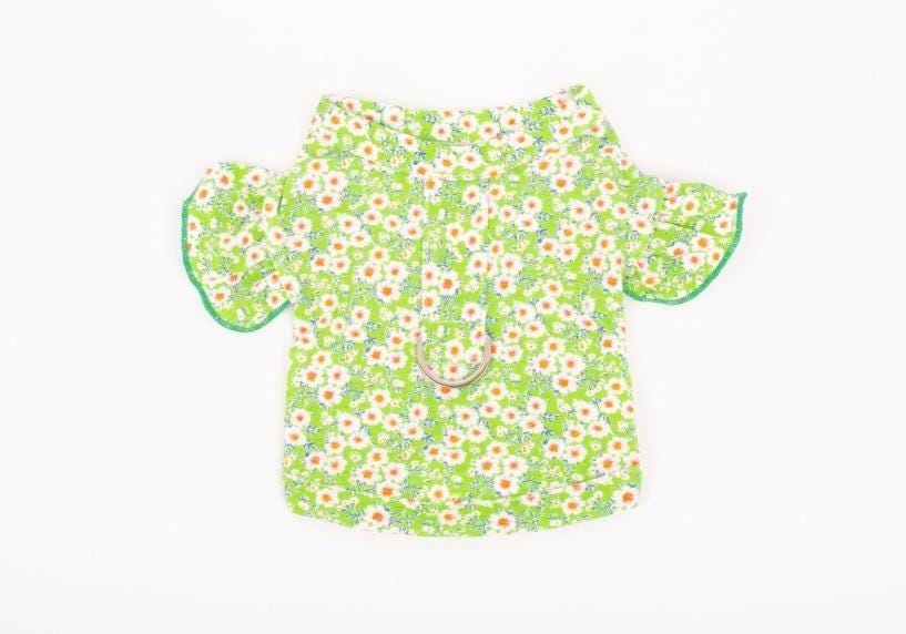 NKpup Floral D-Ring Dog Crop Shirt in lime green with white daisy pattern and ruffled sleeves