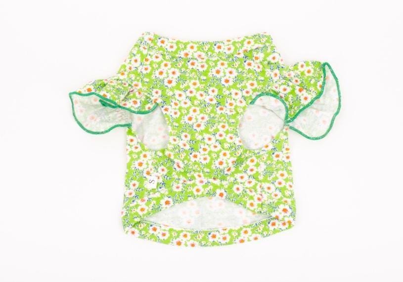 NKpup Floral D-Ring Dog Crop Shirt in green with white daisy pattern and ruffle sleeves