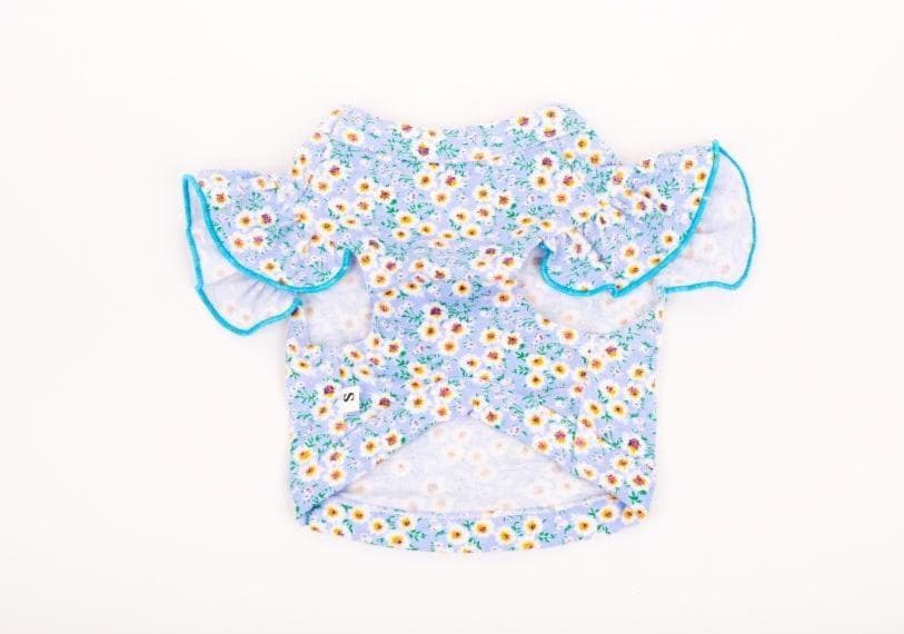 NKpup Floral D-Ring Dog Crop Shirt in light blue with white and yellow flower pattern