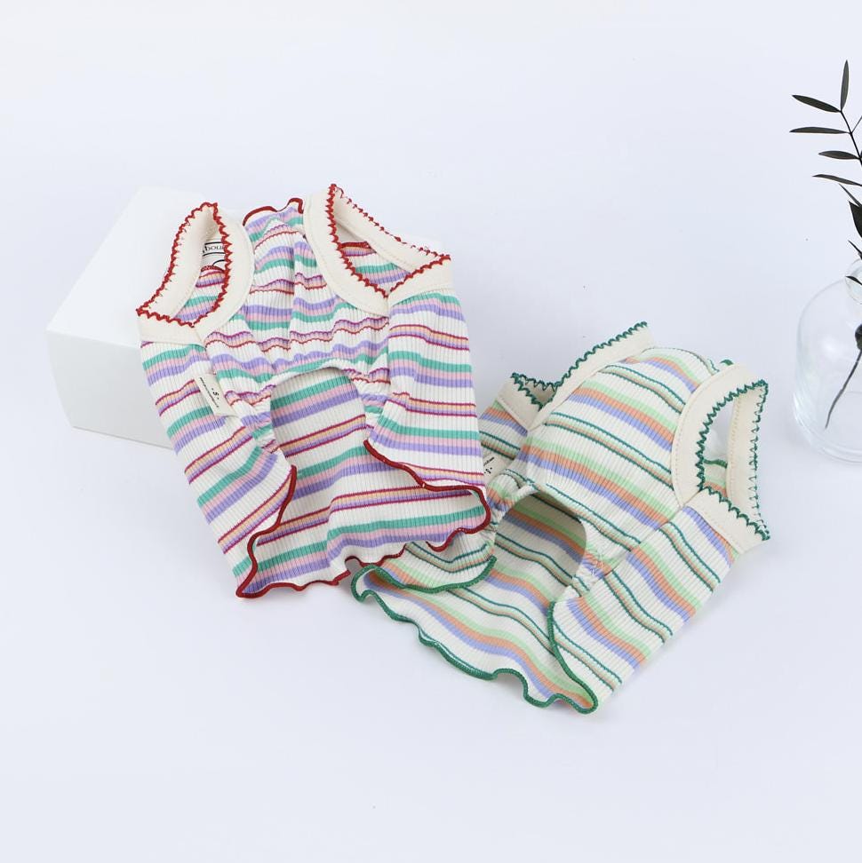NKpup Teddy Stripe Ribbed Top dog shirts in multi-colored pastel stripes with ruffled edges