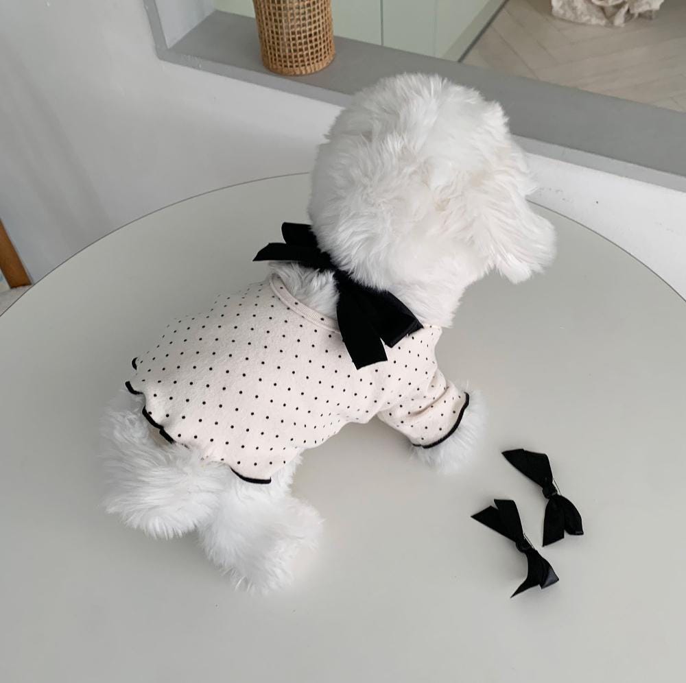 NKpup white dog shirt with black polka dots and a large black ribbon bow