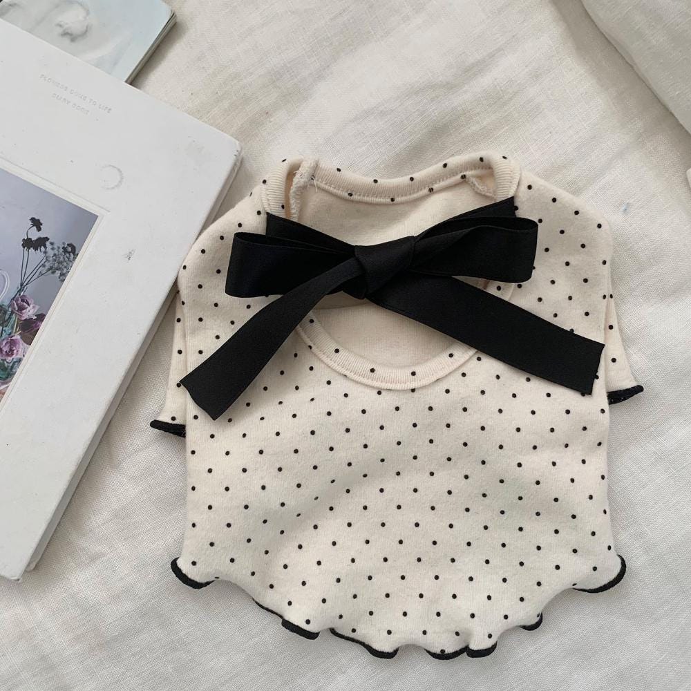Black ribbon polka dot dog shirt with scalloped edges