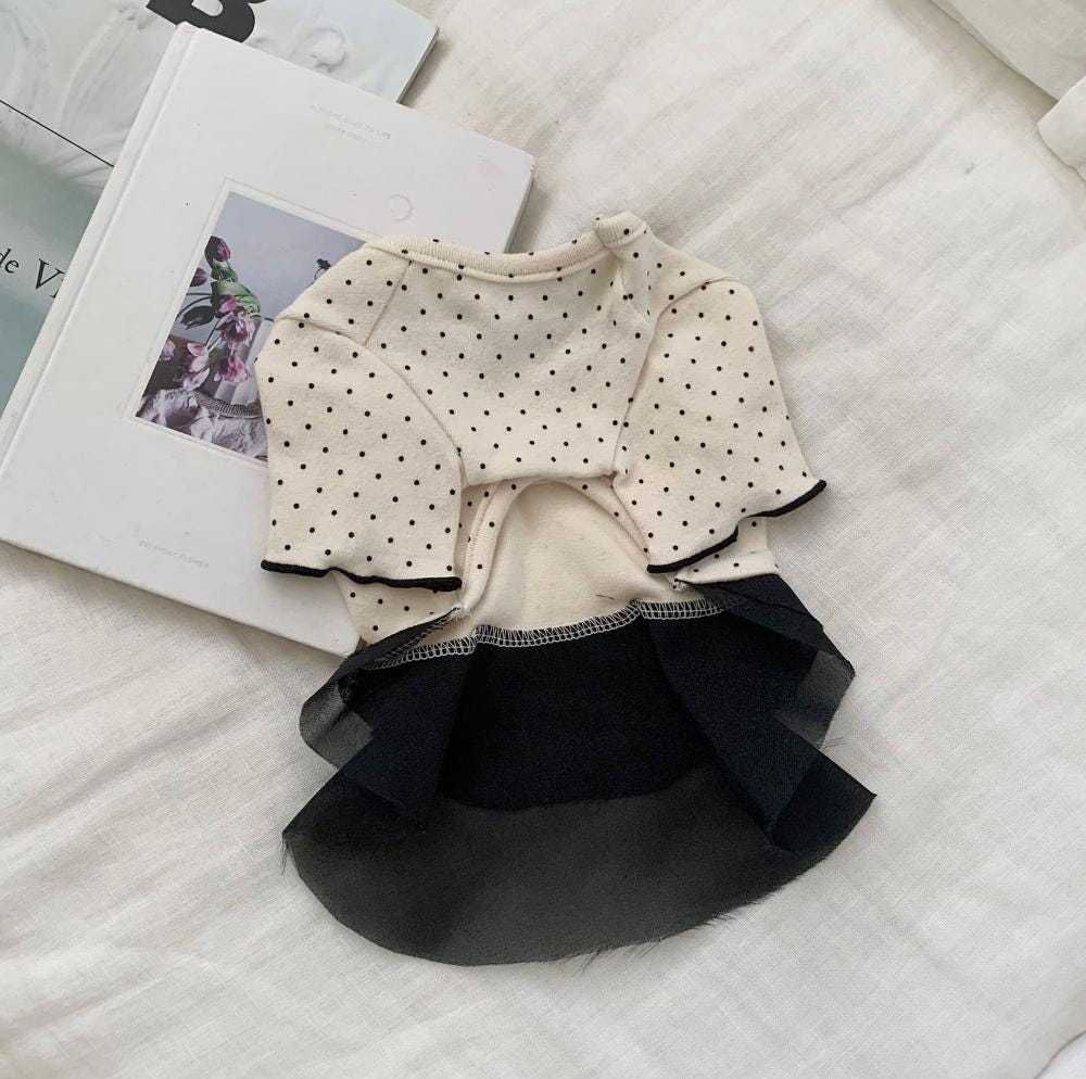 NKpup cream and black polka dot dog dress with a black ruffled tulle skirt