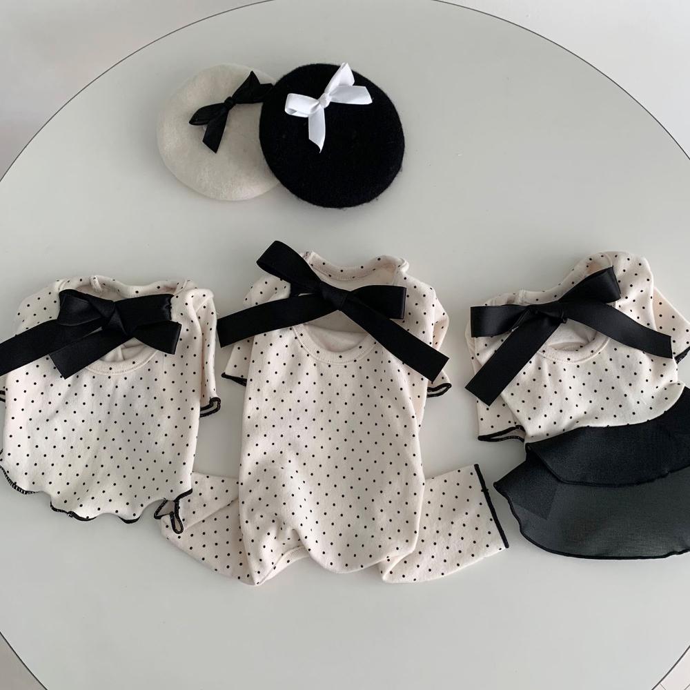 NKpup black ribbon dot dog shirt, romper, and dress set with matching berets