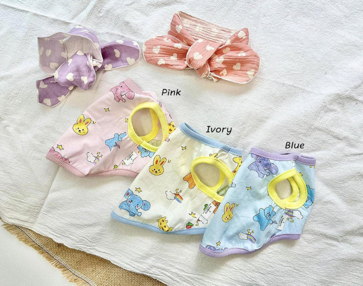NKpup ZOO Friends dog shirts and matching headbands in pink, ivory, and blue with animal patterns.