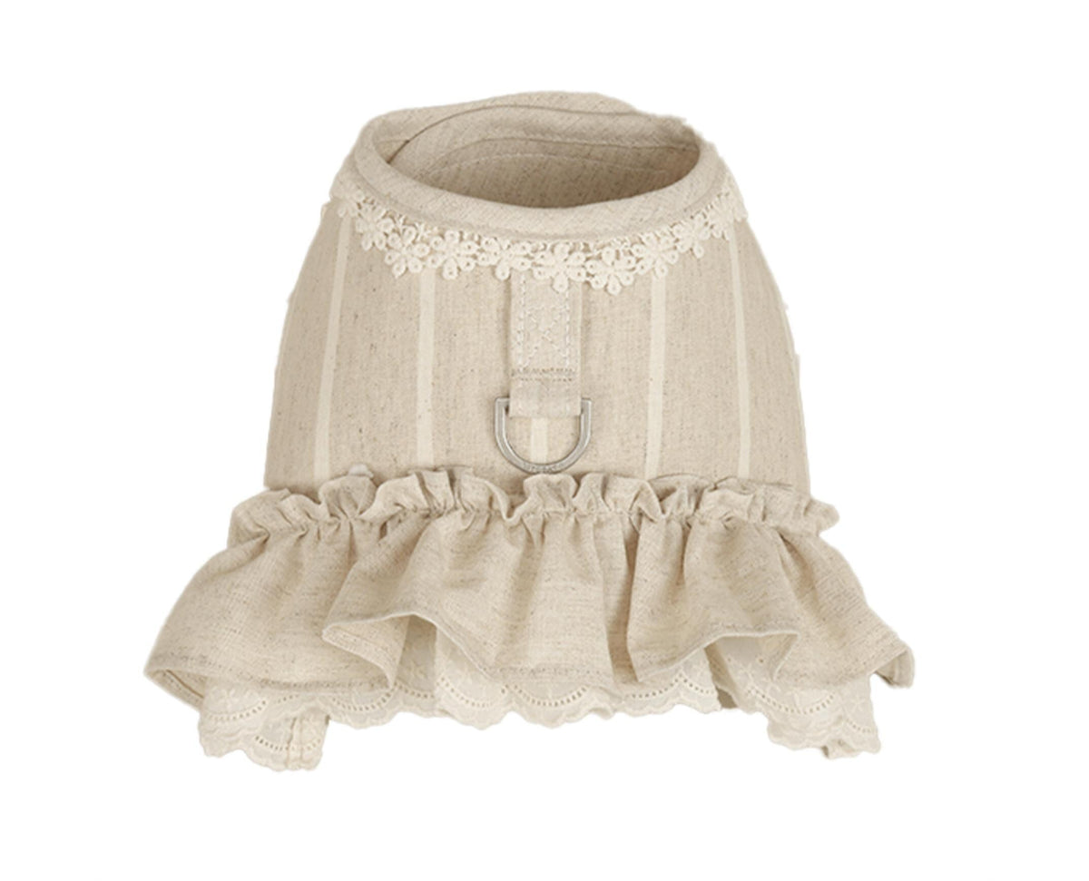 NKpup Chic Linen Ruffle Harness in cream with lace trim and a silver D-ring.
