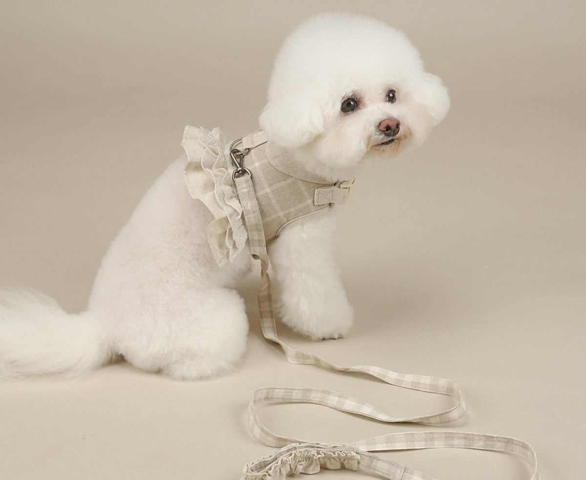 Chic linen ruffle harness in beige plaid pattern by NKpup