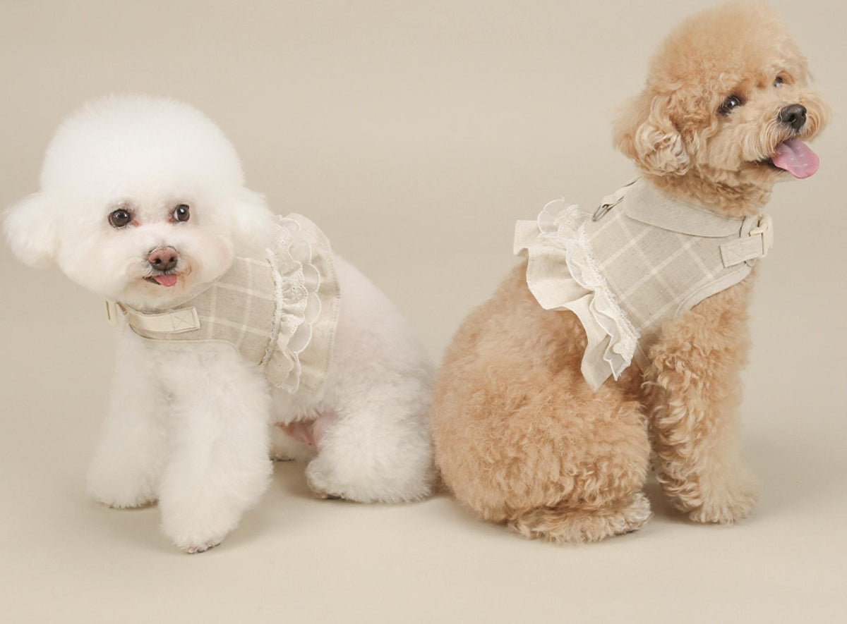 NKpup Chic Linen Ruffle Harness in beige plaid pattern