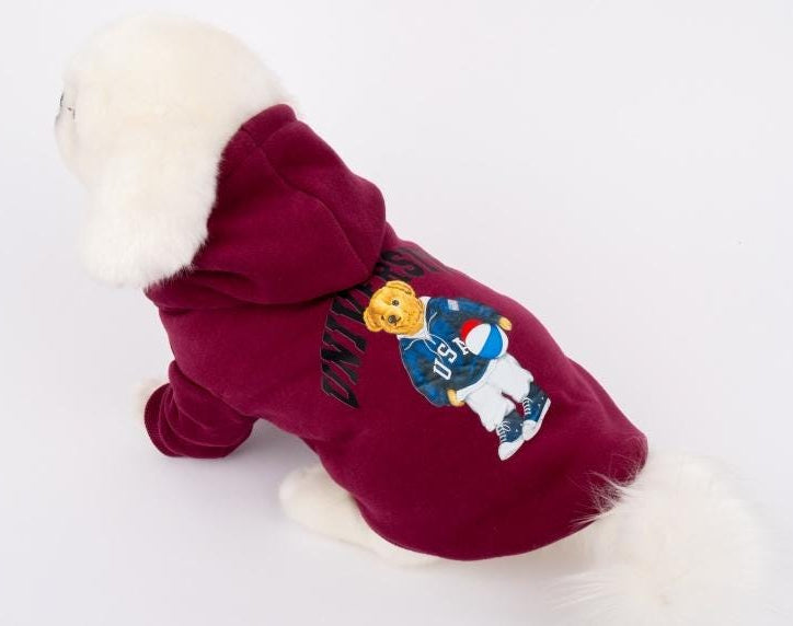Burgundy University Bear dog hoodie with a teddy bear graphic and USA lettering